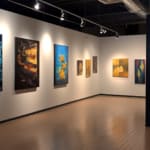 Moderne Kunstgalerie mit einer Ausstellung von farbenfrohen abstrakten Gemälden, die in einer gut beleuchteten Umgebung mit Holzboden präsentiert werden.